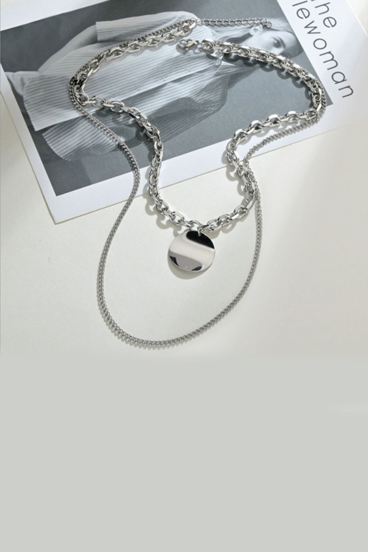 Chavin-Shiny Women's Locket Steel Necklace with 2 Chains Eh03 3
