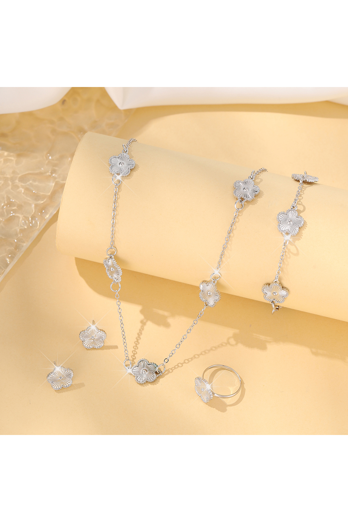 Choice Silver Lucky Five-petal Flower Five-leaf Clover Bracelet Earrings Neck...