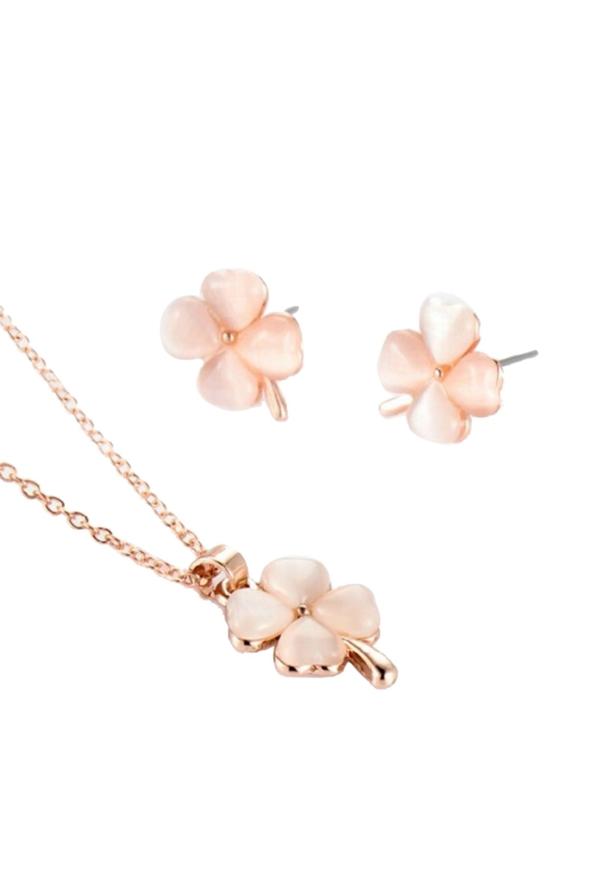 Chavin-Leaf and Clover Stone Detailed Lucky Necklace and Earring Set - Cy13 1