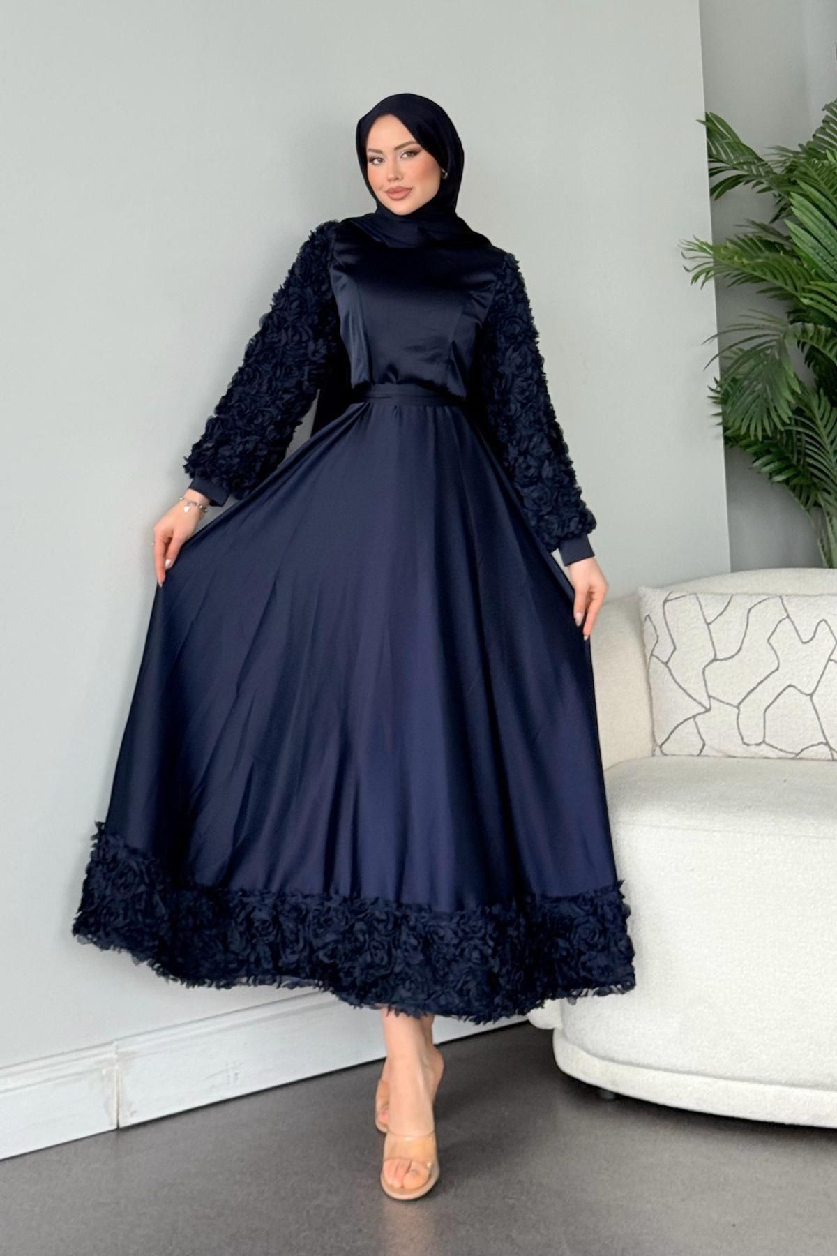 HAZA MODA-Navy Blue Rose Evening Dress - Sleeves and Skirt 3