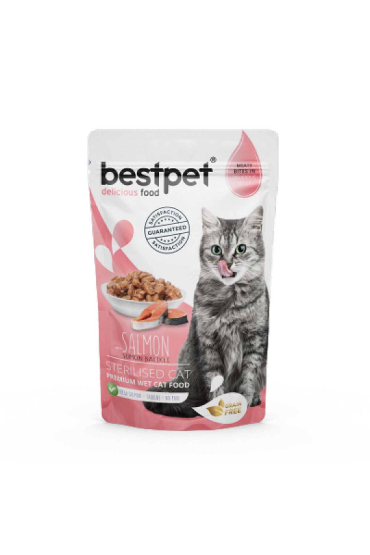 Bestpet 85 gr X 24 ADET Kısırlaştırılmış Kediler İçin Tahılsız, Jöle İçinde Somon Parça 403118