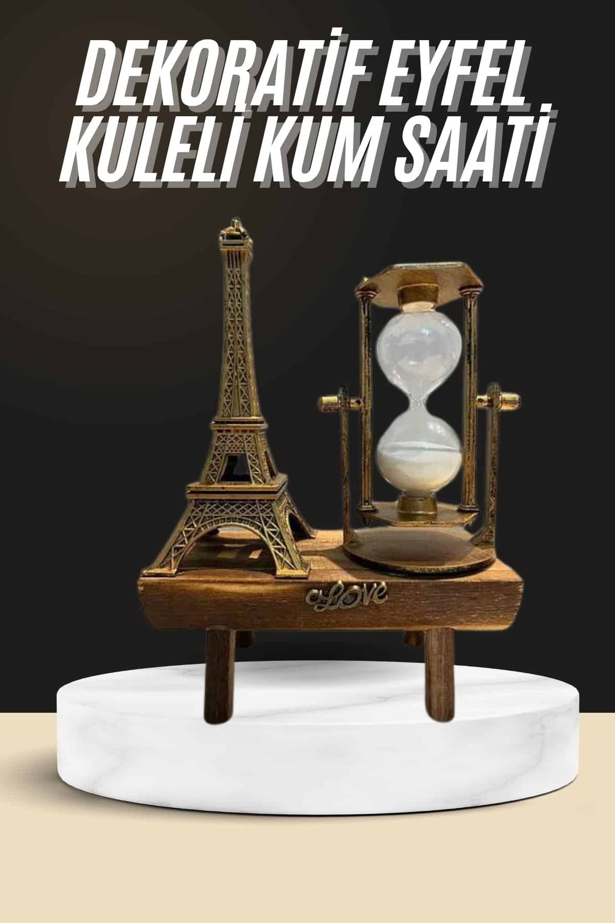 ASTRALTECH Retro Eyfel Kulesi Ve Kum Saati Dekoratif Ahşap Görünümlü Masa Biblosu