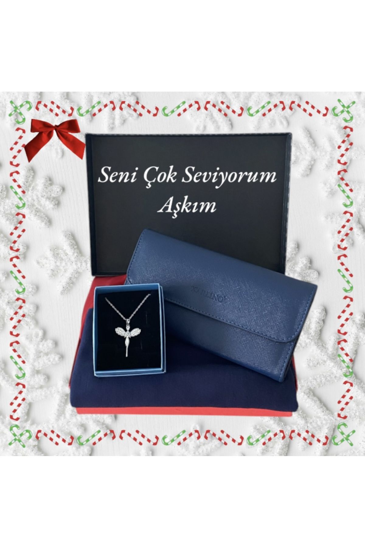 Carlino Hediye Seti Kadın Lacivert Penye Şal-Cüzdan-Çelik Zincir Melek Model Kolye