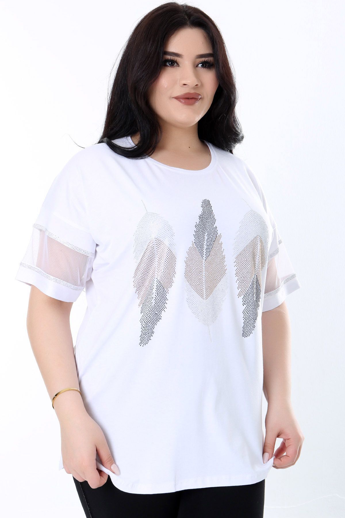 Kheos-Flexible and Comfy Lycra Plus Size Blouse - Round Neck, Tulle Stripe, Short Sleeve, Leaf Pattern and Stone Print 5