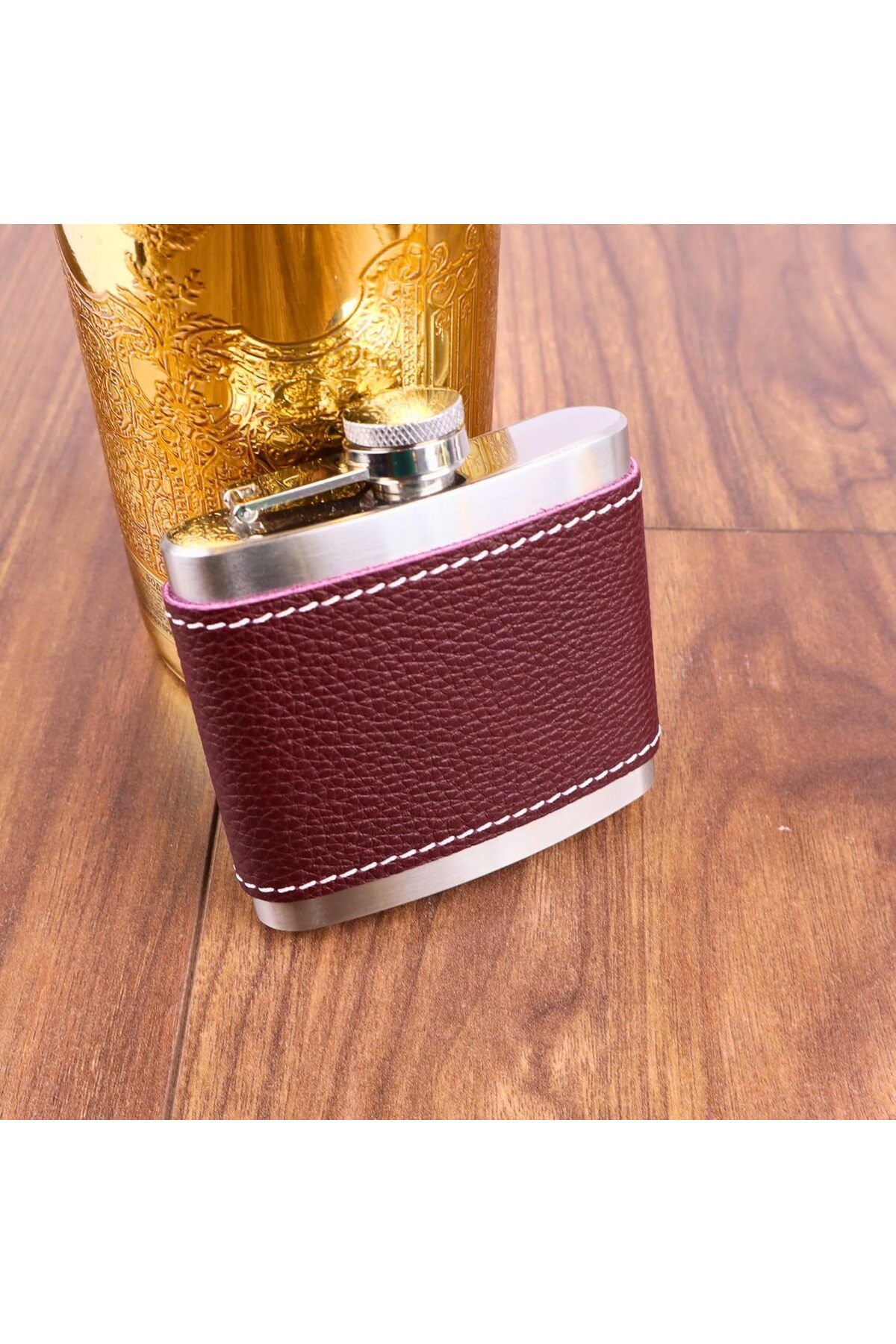salesalbutik 5 Oz-150 cc Hunili Kahve Brown Deri Kılıf Çelik Viski İçki Konyak Matarası