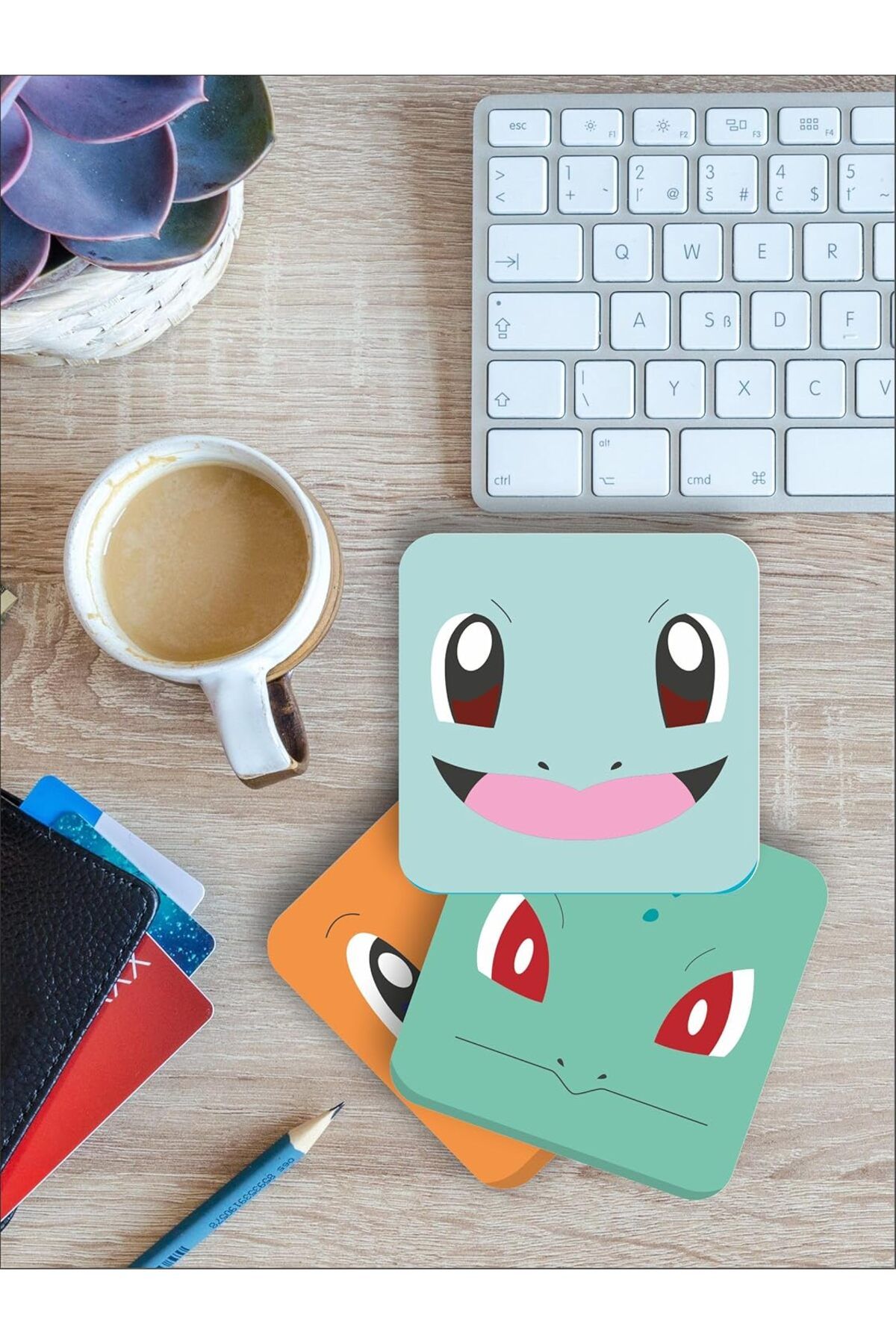 yenibagshop Pokemon Temalı Bardak Altlığı Ahşap Baskılı Altlık 4'lü set (9 x9CM) karbonNM51