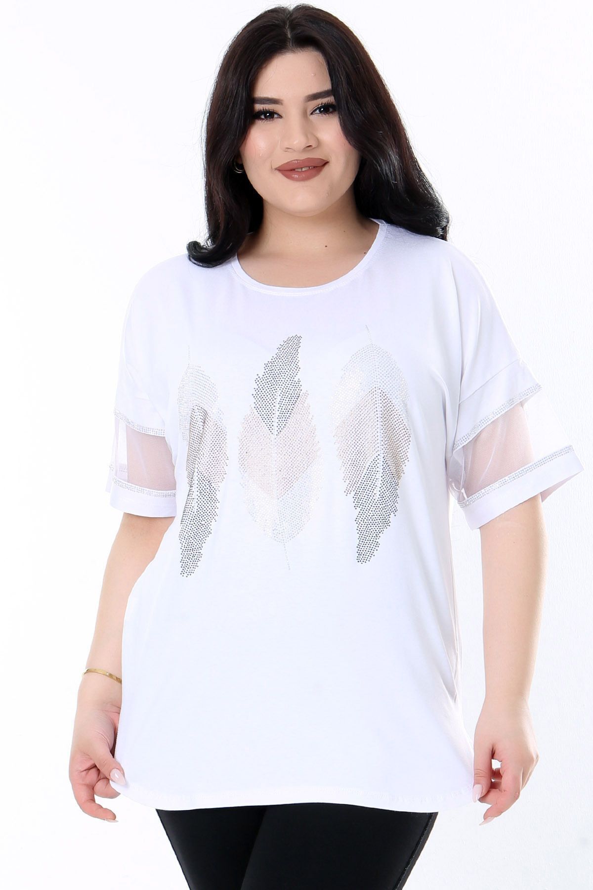 Kheos-Flexible and Comfy Lycra Plus Size Blouse - Round Neck, Tulle Stripe, Short Sleeve, Leaf Pattern and Stone Print 3