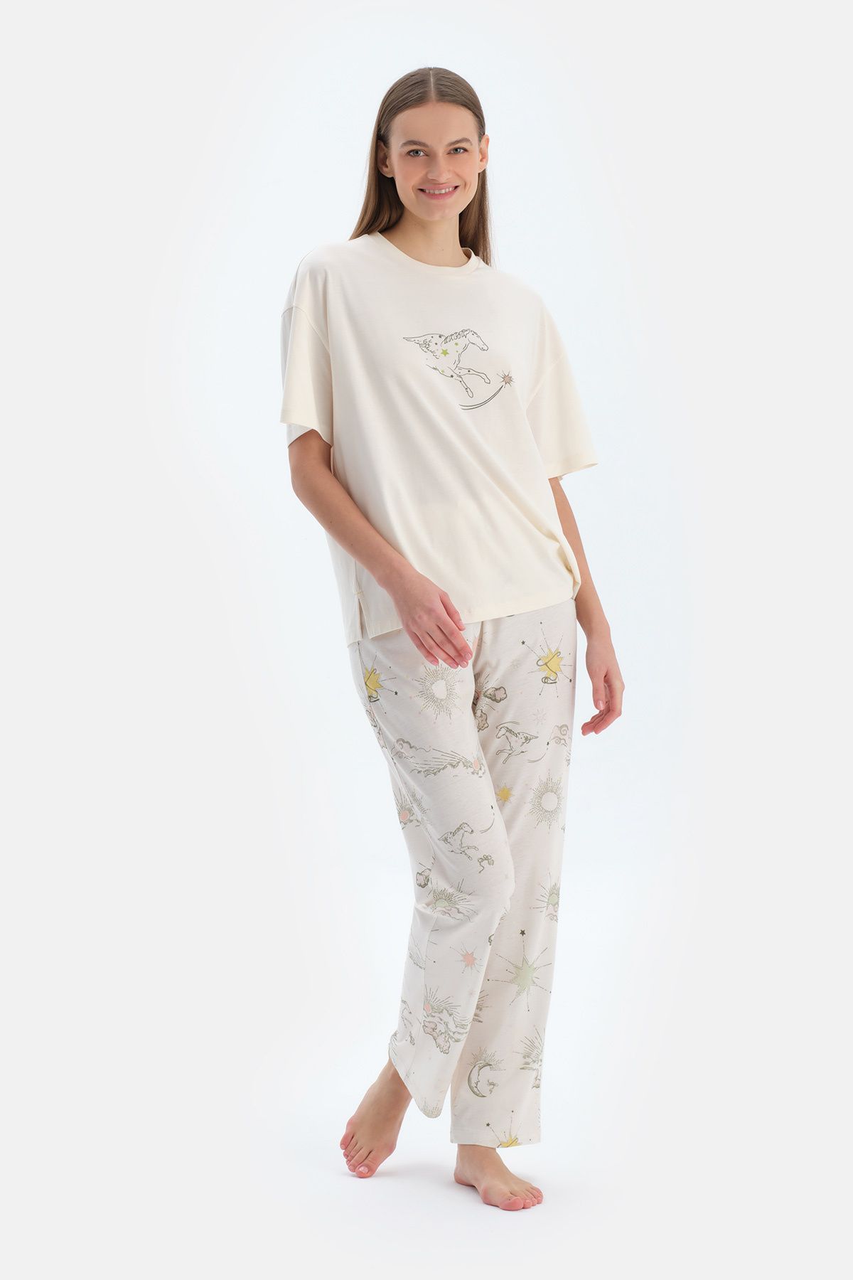 Dagi-Set de pijamale cu pantaloni tricou cu mânecă scurtă cu imprimeu ecru 4