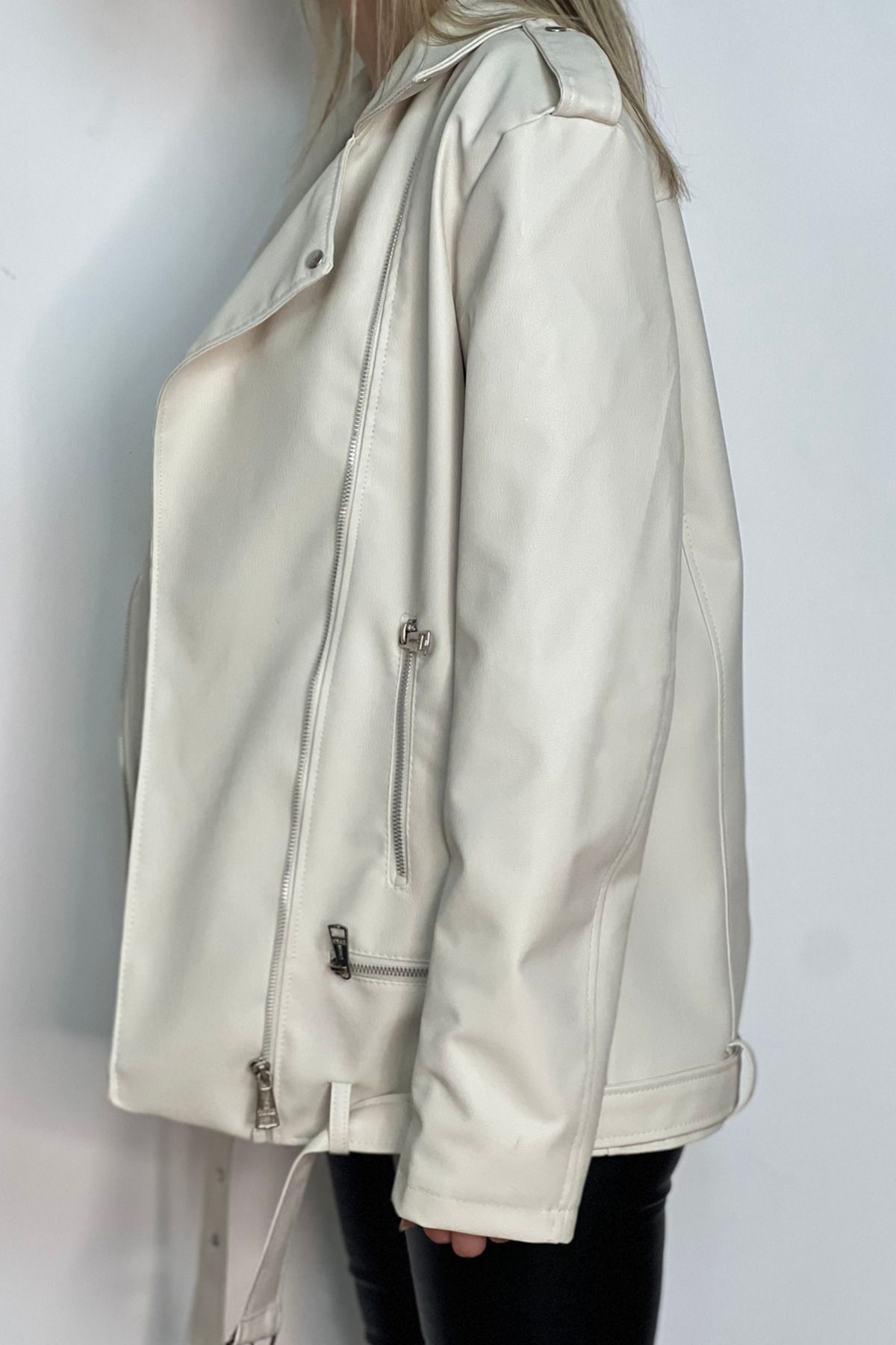 Jaglion-New Season Oversize Long Women's Cream Leather Jacket 4