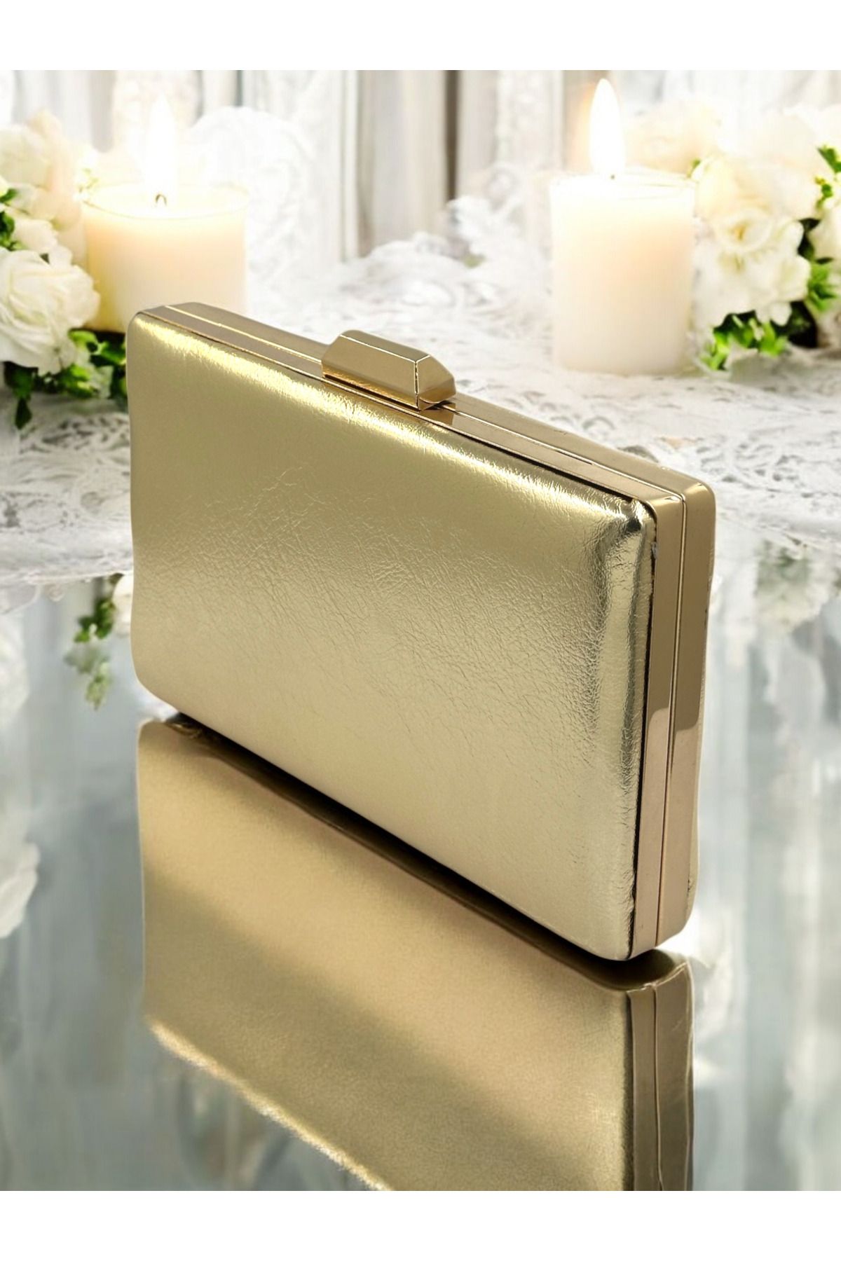 MidStore Altın Gold Dore Kırışık Cilt Deri Metalik Zincir Askılı Abiye Çanta Düğün Nişan Mezuniyet