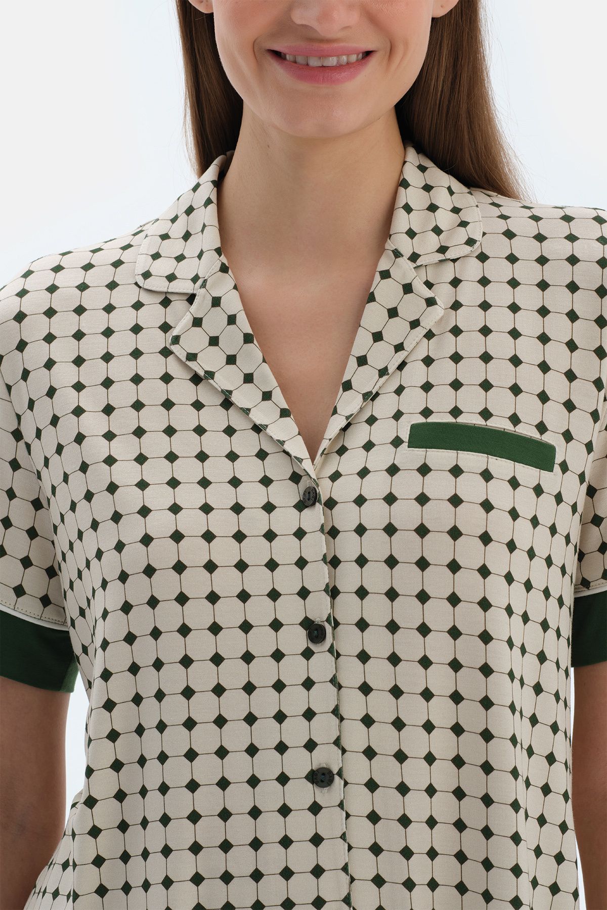 Ekru Geometrik Desenli Gömlek Şort Pijama Takımı - 5