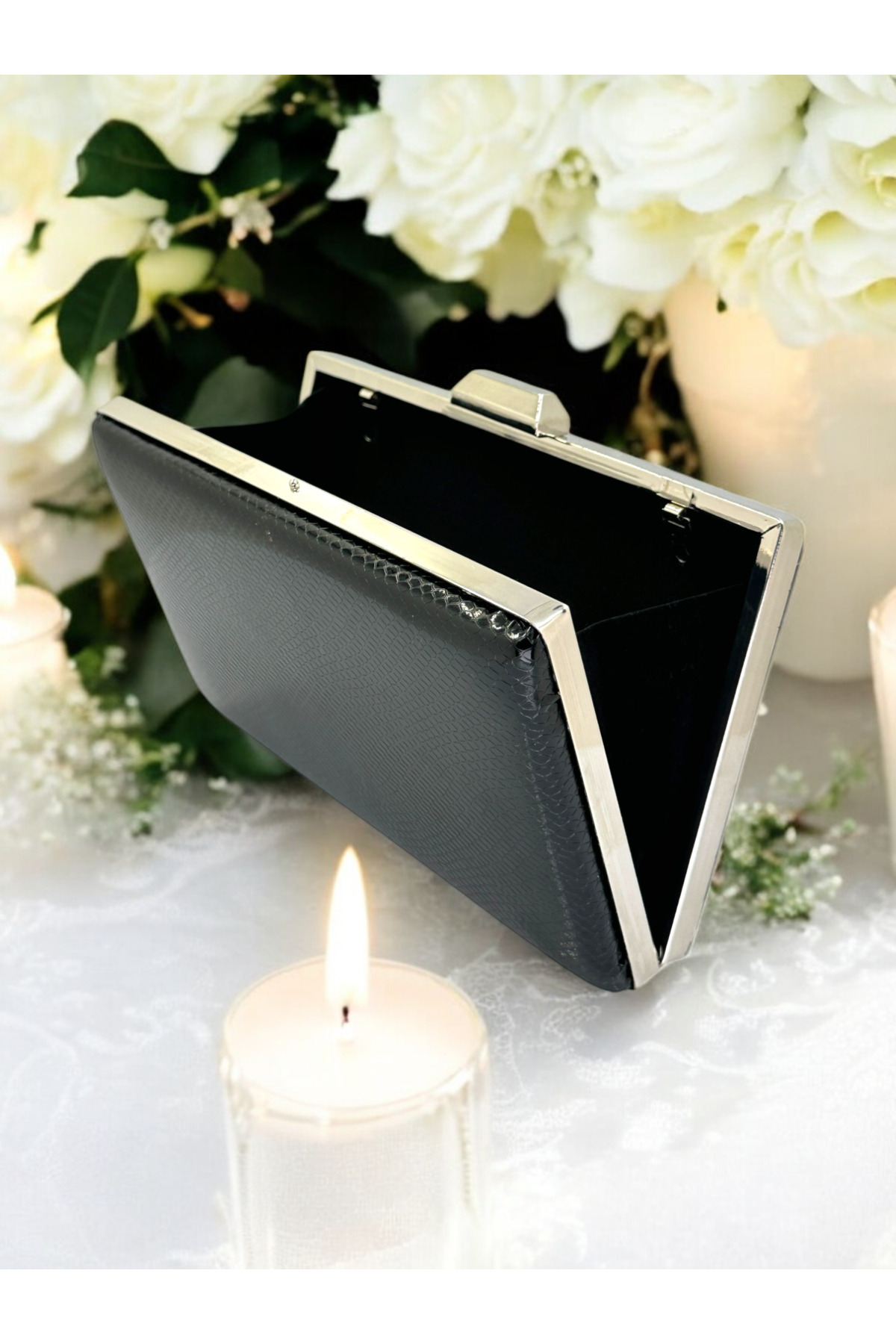 Ahenk Design-Black Color Herringbone Pattern Metal Handle Shiny Patent Leather Women's Evening Dress Bag Wedding Engagement 3