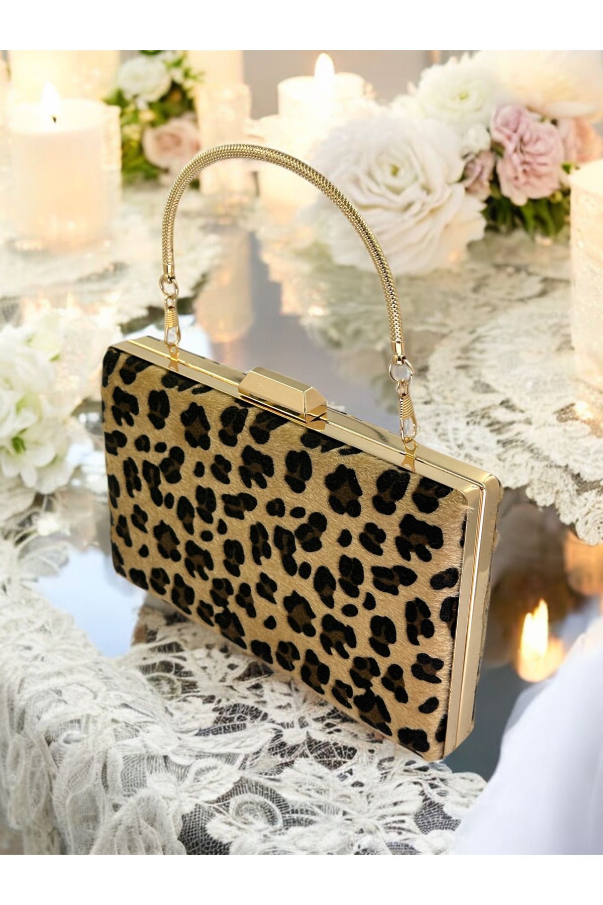 MidStore Tüylü İthal Leopar Desenli Abiye Çanta Gece Çantası Düğün Nişan Mezuniyet