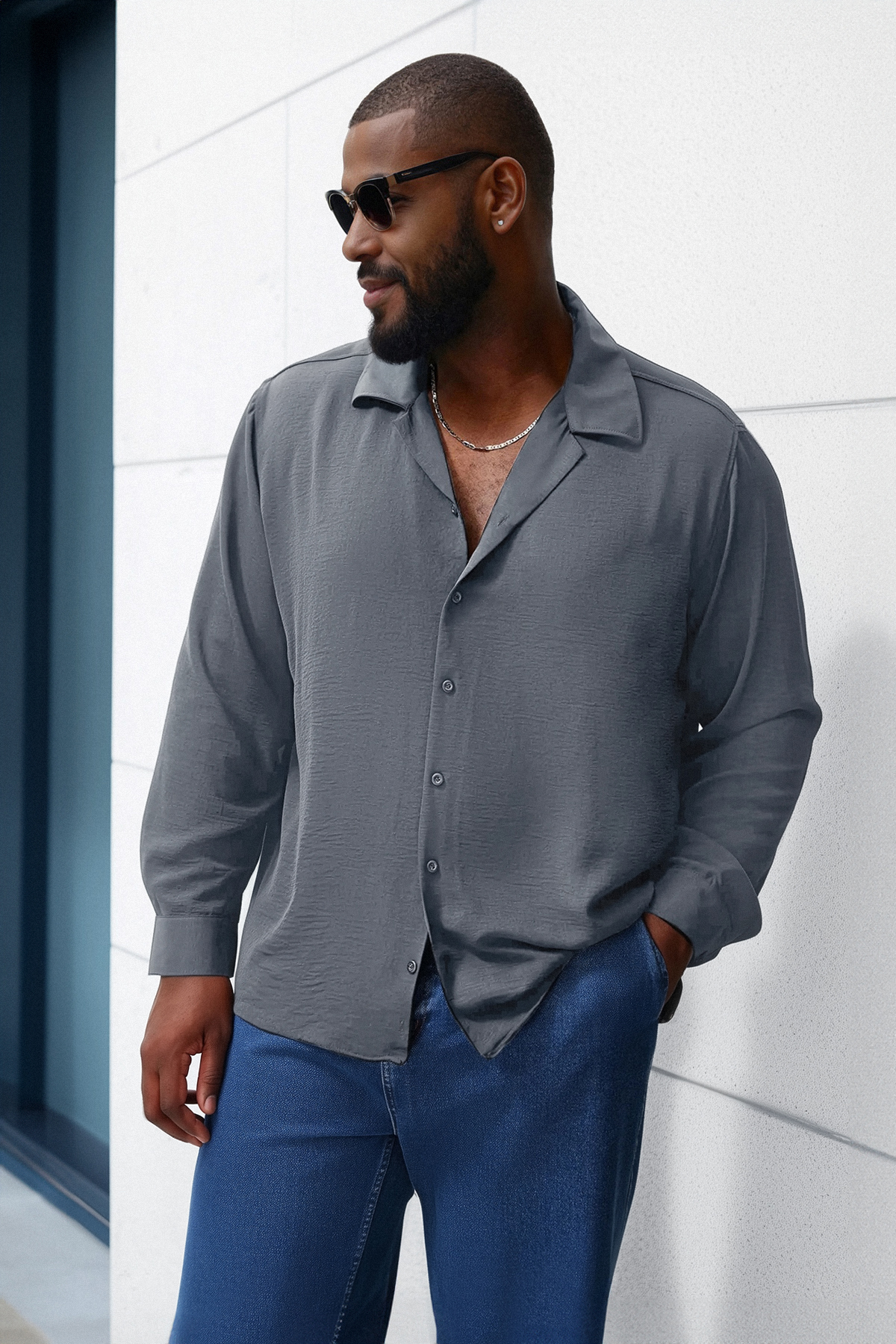 پيراهن مردانه کتاني تابستاني با يقه باز طوسي   TRENDYOL MAN