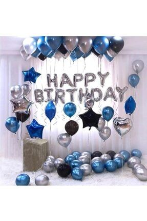 Mavi Gümüş Doğum Günü Balonu Kombini Happy Birthday Yazılı Konsept tye1908211251