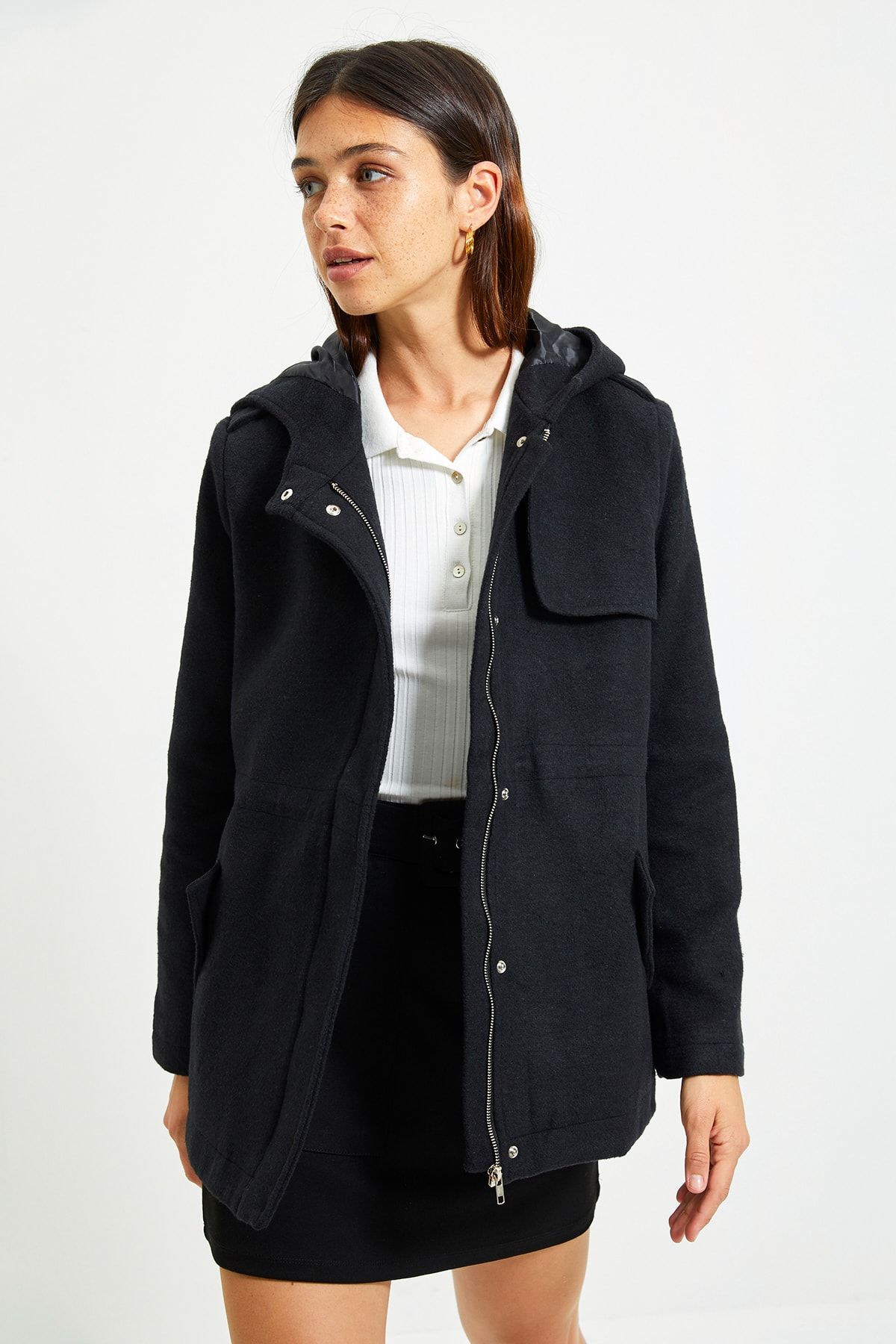 Trendyol Collection-Palton negru cu glugă, cu fermoar, ștampilă TWOAW21KB0015 8