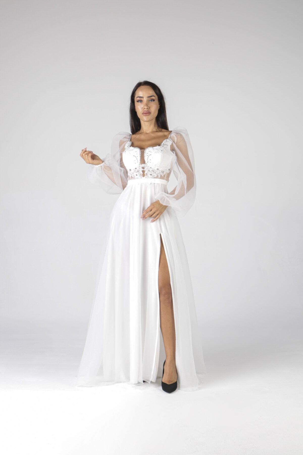 ALIS DRESS Вечернее платье цвета экрю с аппликацией и вышивкой TRİO-1546