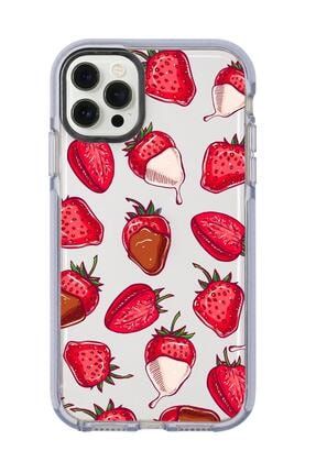 Iphone 12 Pro Max Çikolatalı Çilek Desenli Candy Bumper Silikonlu Telefon Kılıfı MC12PMCBTS13