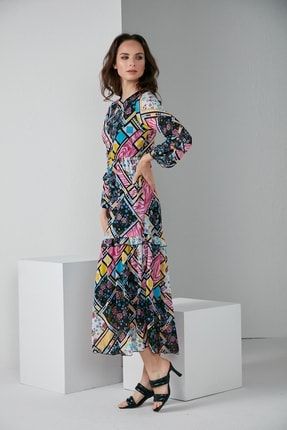 Kadın Kol Etek Fırfırlı Desenli Tesettür Elbise 2089 NESS-2089-SH