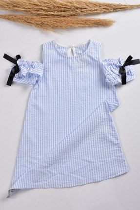 Düşük Kol Detaylı Çizgili Kız Cocuk Elbise Tamamı Pamuklu Kumaştır 5858-30