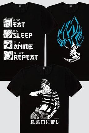Kadın Siyah Manga Boy, Mavi Saçlı Kahraman, Hep Anime 3'lü Eko Paket T-shirt 1M1BW959AX
