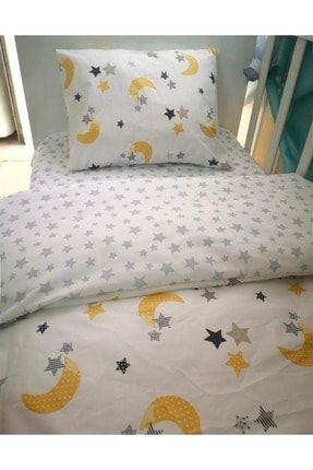 %100 Pamuk Bebek/çocuk Yastık Çarşaf Yorgan Seti Sarı Ay Yıldızlı 70x110 31