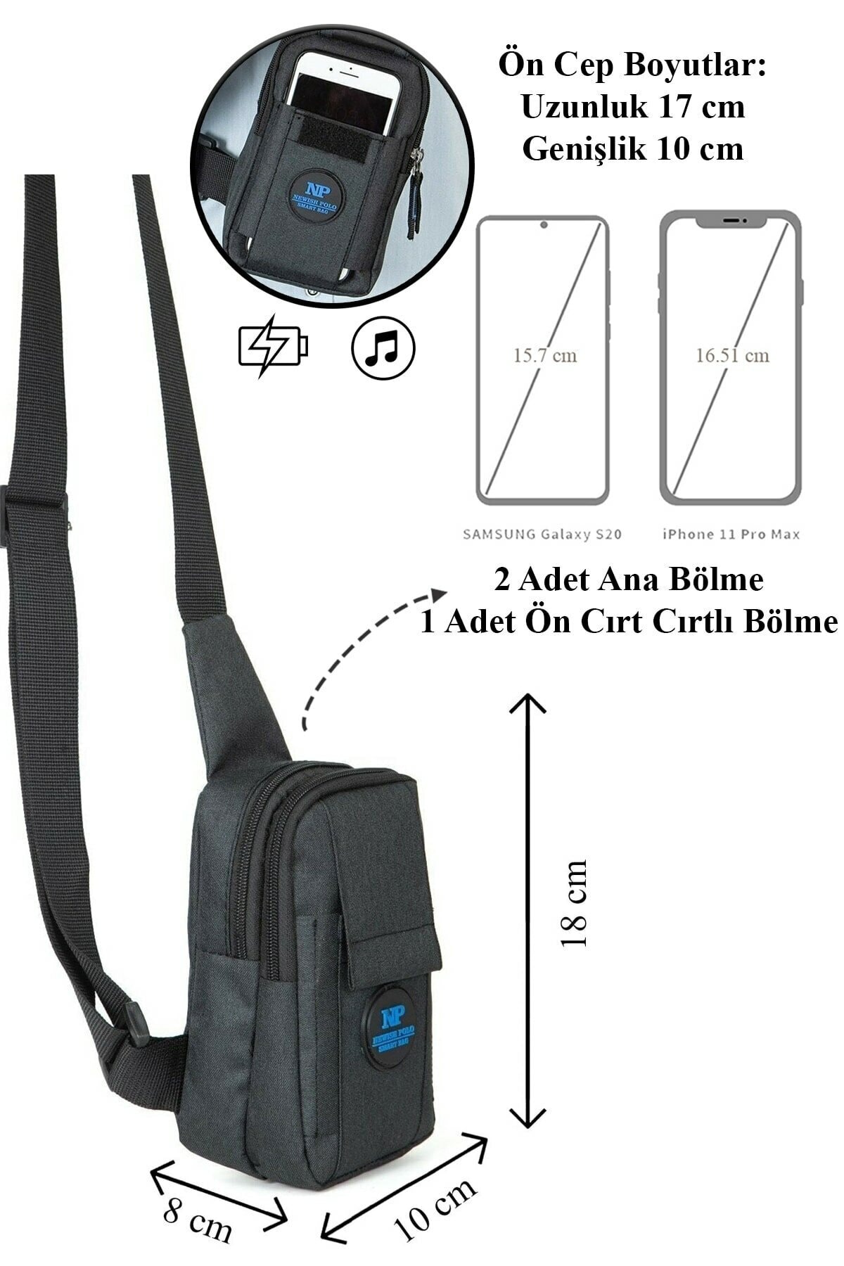 Newish Polo Unisex Keten Telefon Bölmeli Bel ve Çapraz Omuz Çantası görsel 3