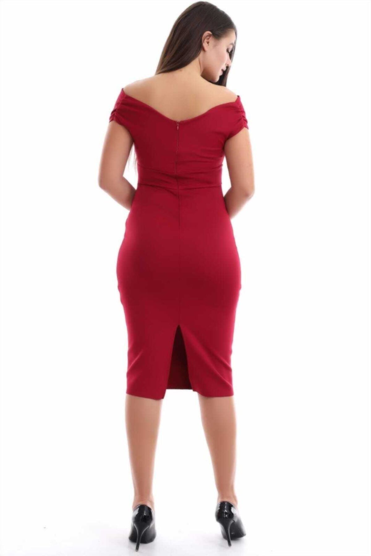 Bordo Kayık Yaka Balık Elbise F112
