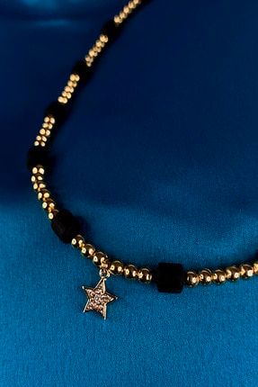 Zirkon Taşlı Yıldız Model Siyah Boncuklu Altın Kaplama Choker Zincir Kolye MEGAK60200942