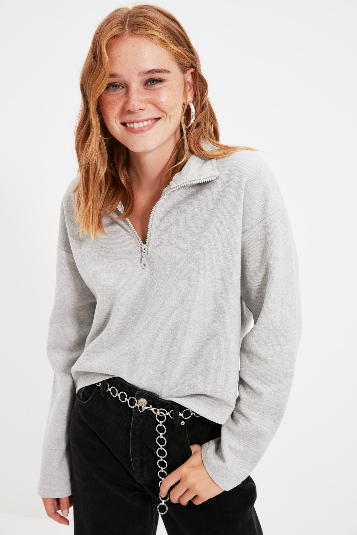 Trendyol Collection-Šedá Thessaloniki/Knitwear Look Límec na zip Regular/Regular Fit Pletená mikina TWOAW22SW0732 6