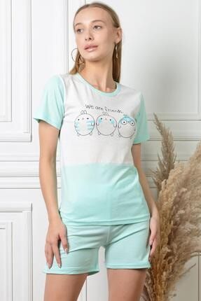 Kadın Mint Penguen Baskılı Şort Pijama Takımı Pmtk25316 PMTK25316