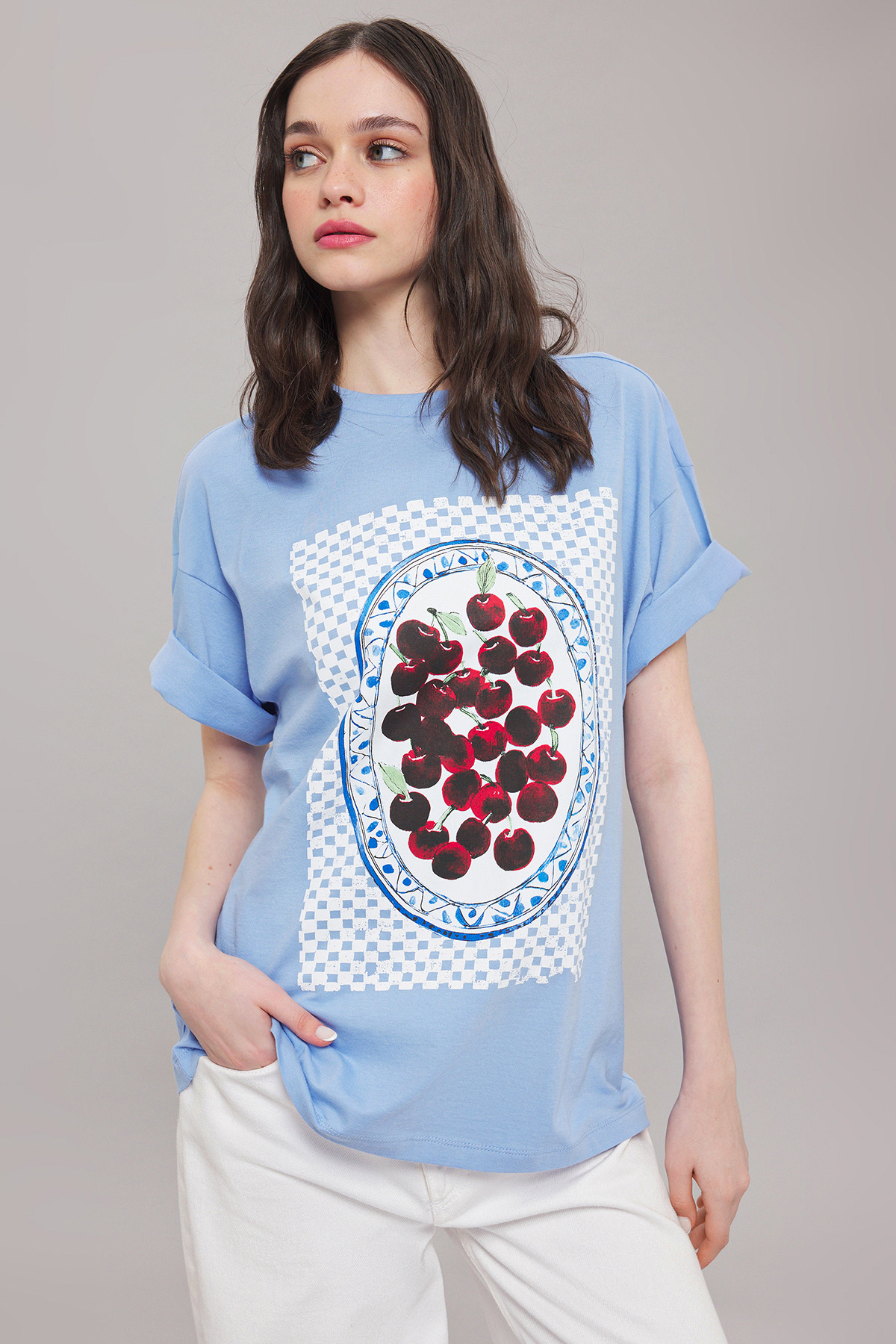 Trendyol Collection-Light Blue Oversize Printed Cotton T-Shirt - Twoss25Ts00101 2