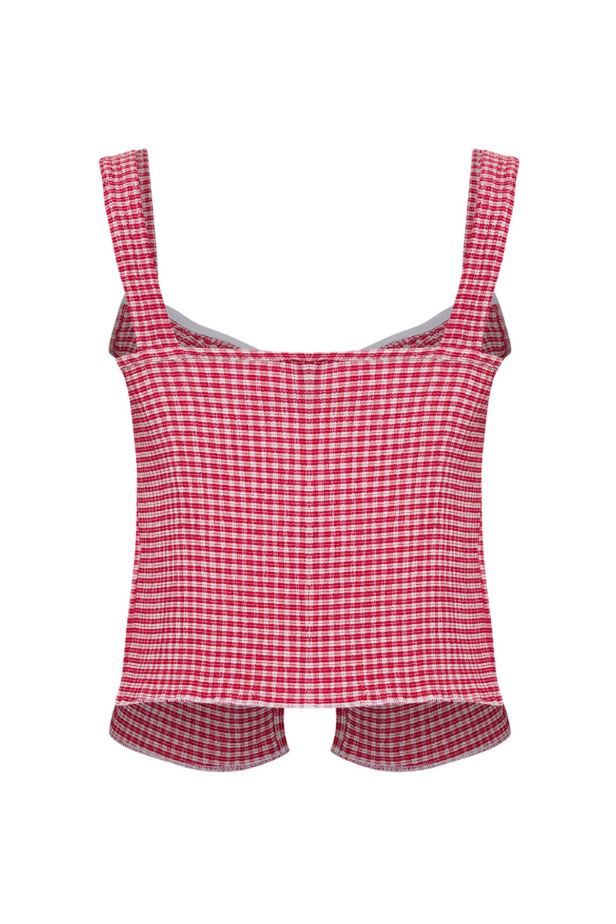 Trendyol Collection-Red Gingham Square Pattern Stretchy Knitted Blouse with Binding Detail Twoss25Bz00234 2