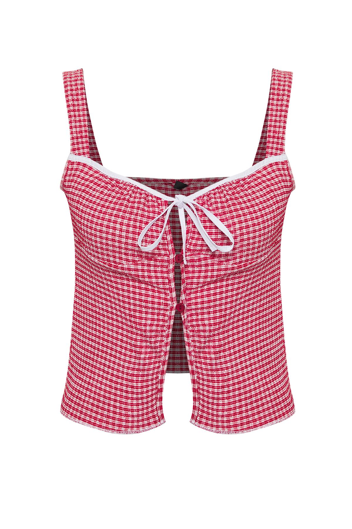 Trendyol Collection-Red Gingham Square Pattern Stretchy Knitted Blouse with Binding Detail Twoss25Bz00234 1
