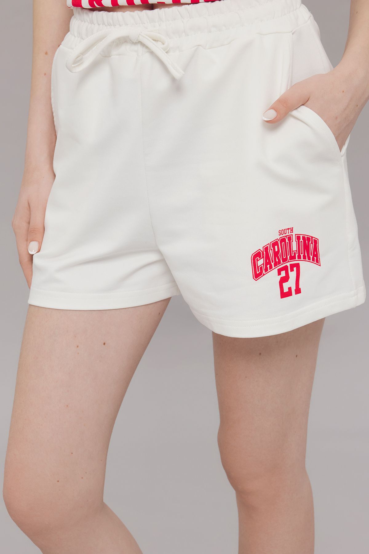 Trendyol Collection-100% Cotton Ecru Slogan Oversize Top and Short Shorts Set - Twoss25Au00039 3