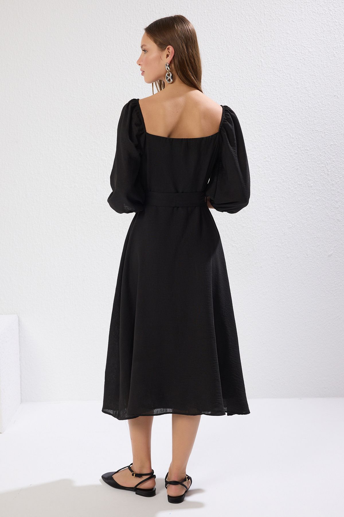 Trendyol Collection-Μαύρο υφαντό φόρεμα με κουμπιά TWOSS19IE0009 4