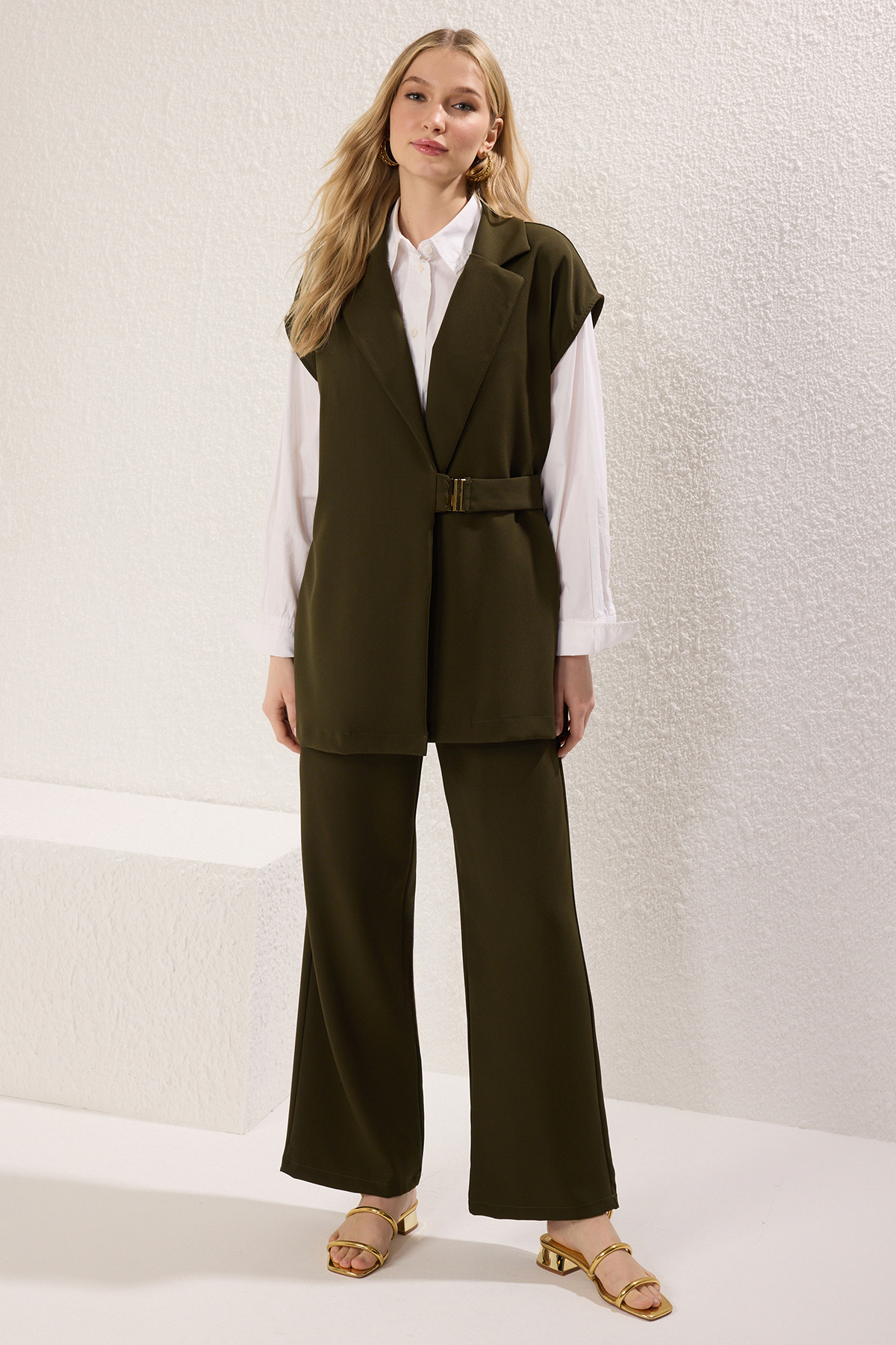 Trendyol Modest-Khaki mellény és nadrág, szőtt alsó és felső szett 2