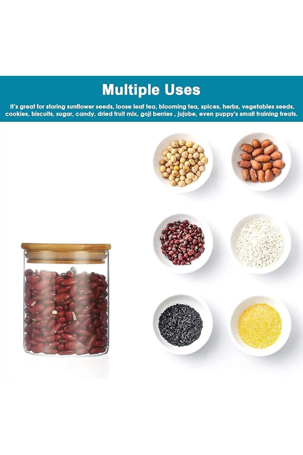 AKDC-Set of 4 Mini Round Glass Jars (500ML) with Bamboo Airtight Lids for Kitchen Storage 4