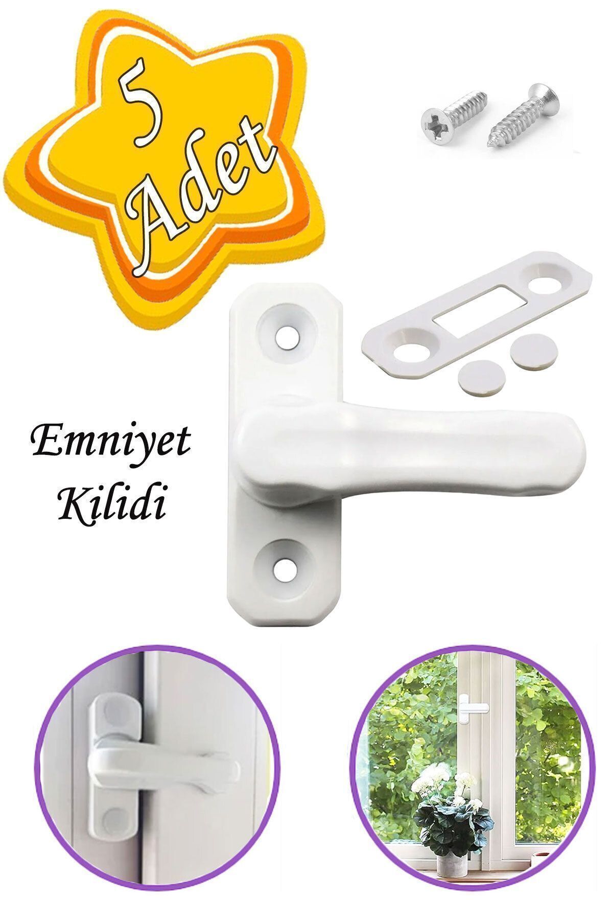 Mikasso 5 Adet Güvenlik Kilidi Bebek Çocuk Pvc Kapı Pencere Emniyet Kilidi Mandalı Cam Hırsız Kilidi Beyaz M
