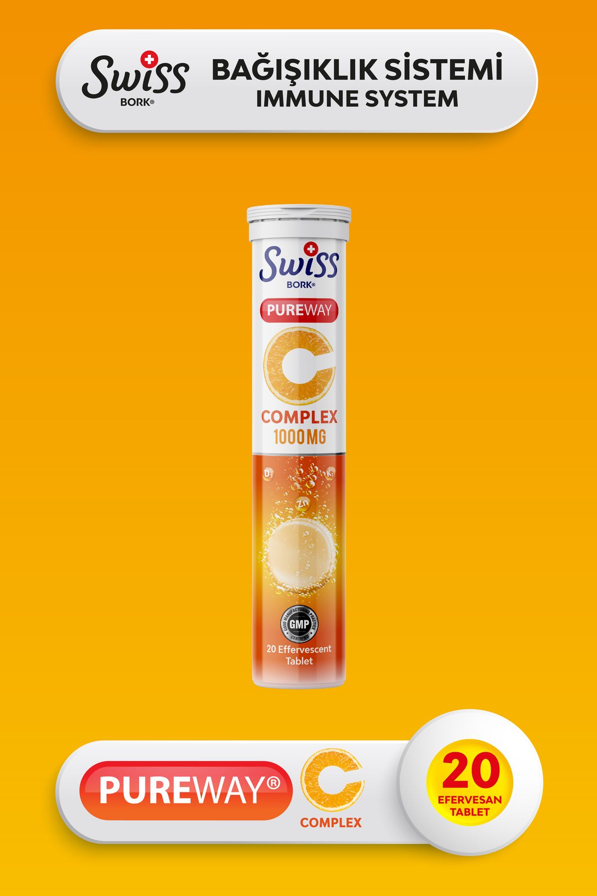 Bork Swiss Natural-C Complex Effervescent Tablets 20 Pack Multivitamin and Mineral Effervescent Vitamin D - K2 - Zinc 1