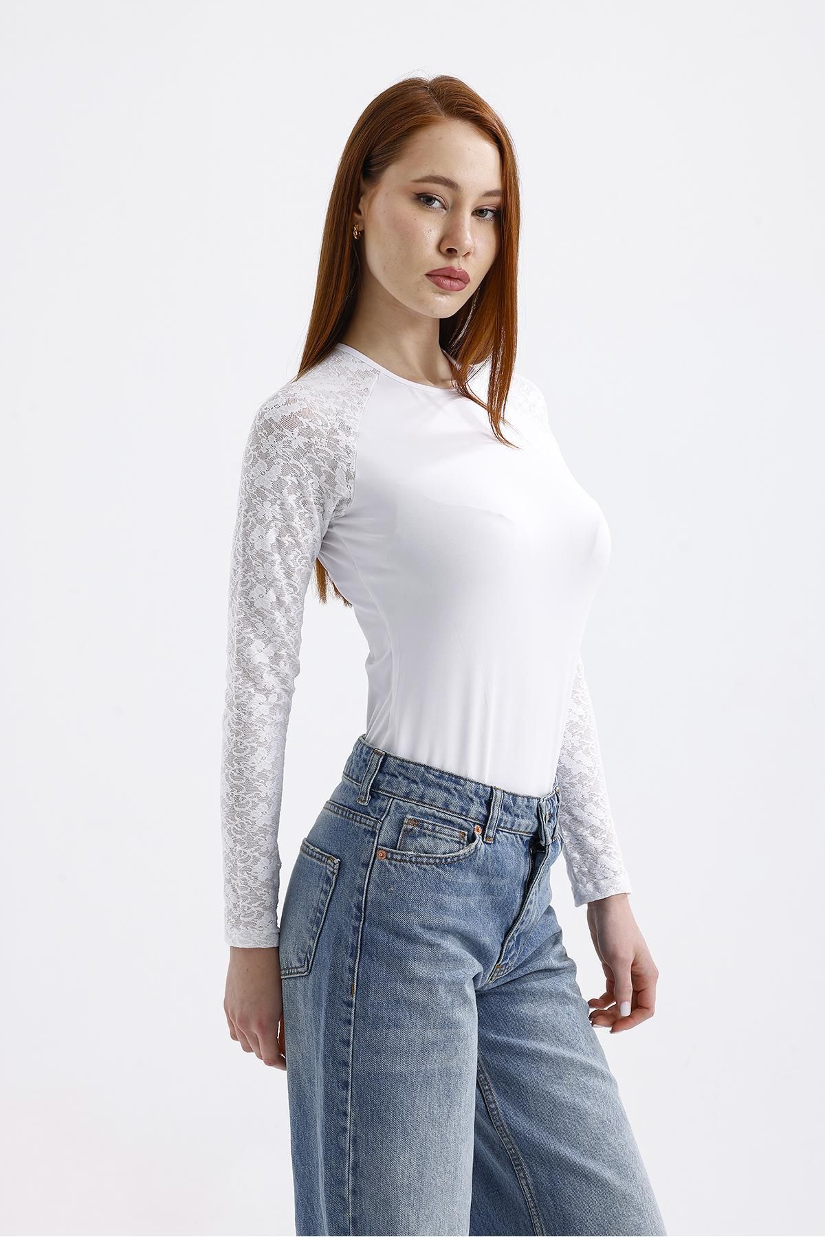 Miss Murem-White Lace Sleeve Bodysuit - White 5