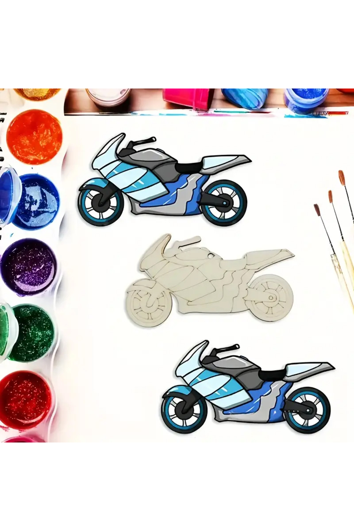 Minik Yarışçılar İçin 10 Adet Ahşap Motosiklet Boyama Seti+ 6lı Akrilik Boya+ 2 Fırça