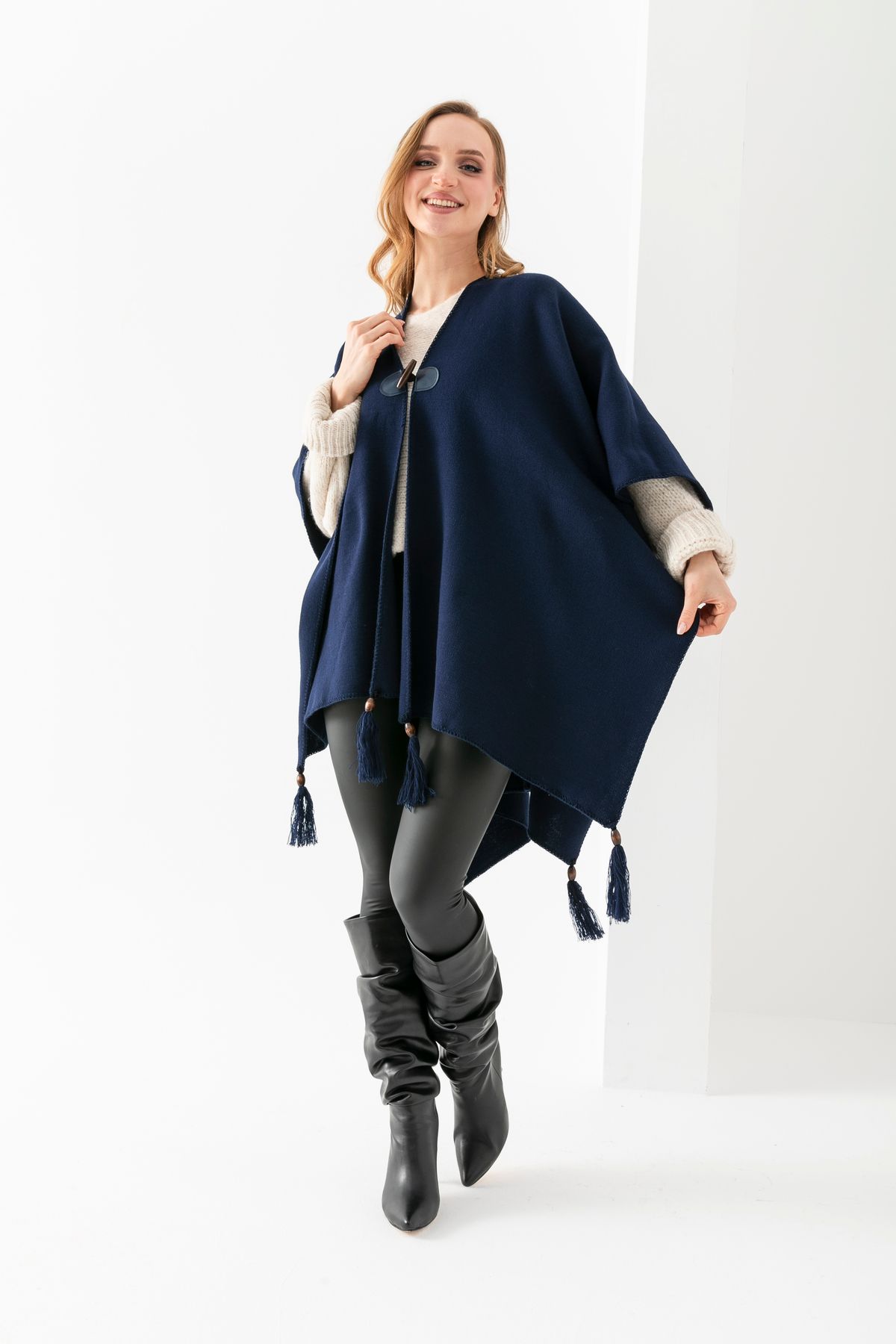 VEGA MODA-Plain Knitwear Fisherman Stitched Button Detailed Stylish Designed Poncho, Poncho, Plain Patternless Shawl Poncho 5