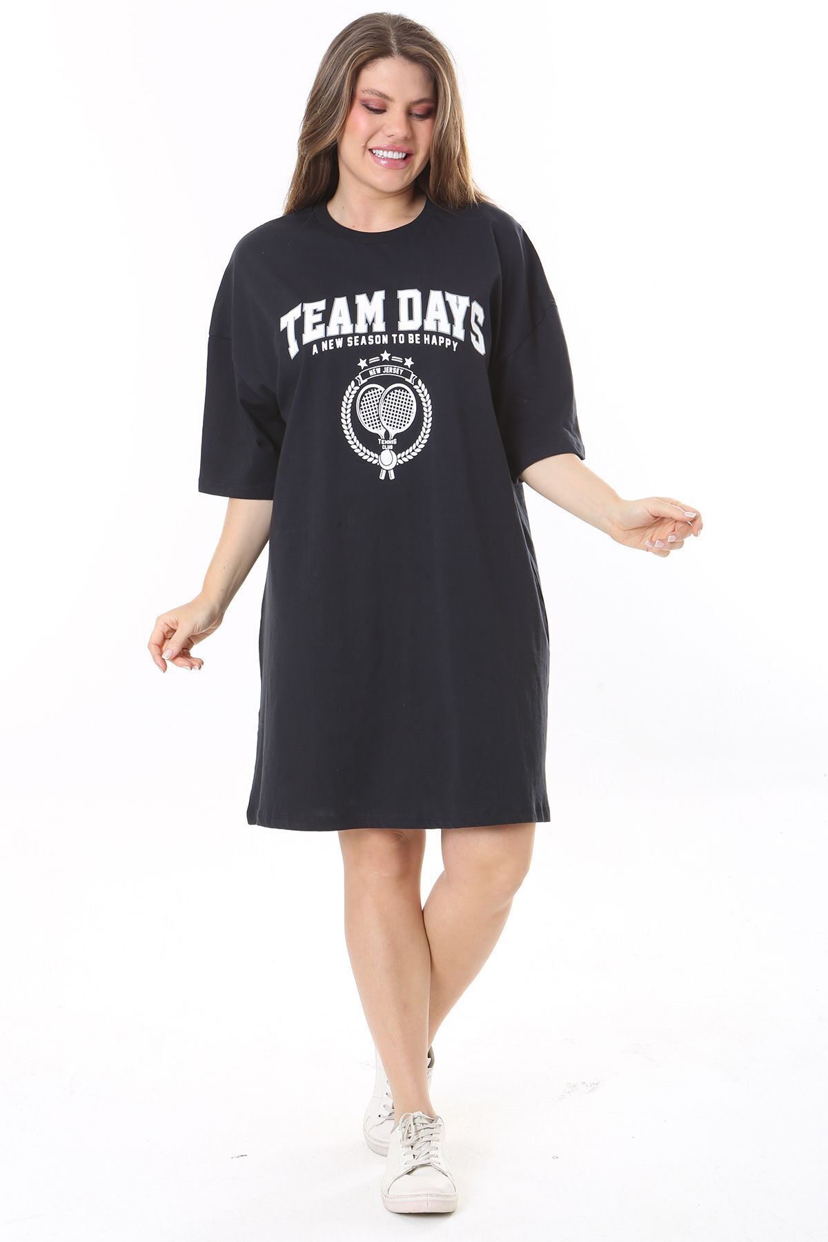 Women's Plus Size Navy Blue Front Printed Tunic Dress 65N37790