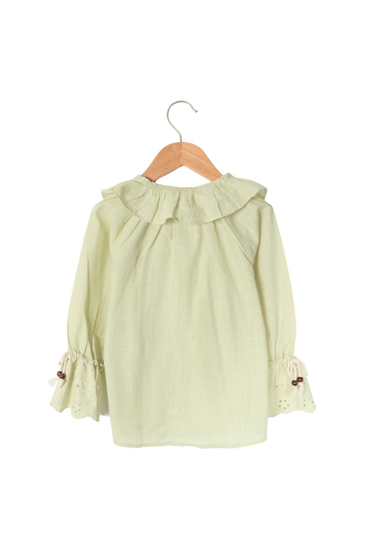 Biminik-Girl's Collar Ruffle Sleeve Embroidery Detailed Shirt Light Green 2