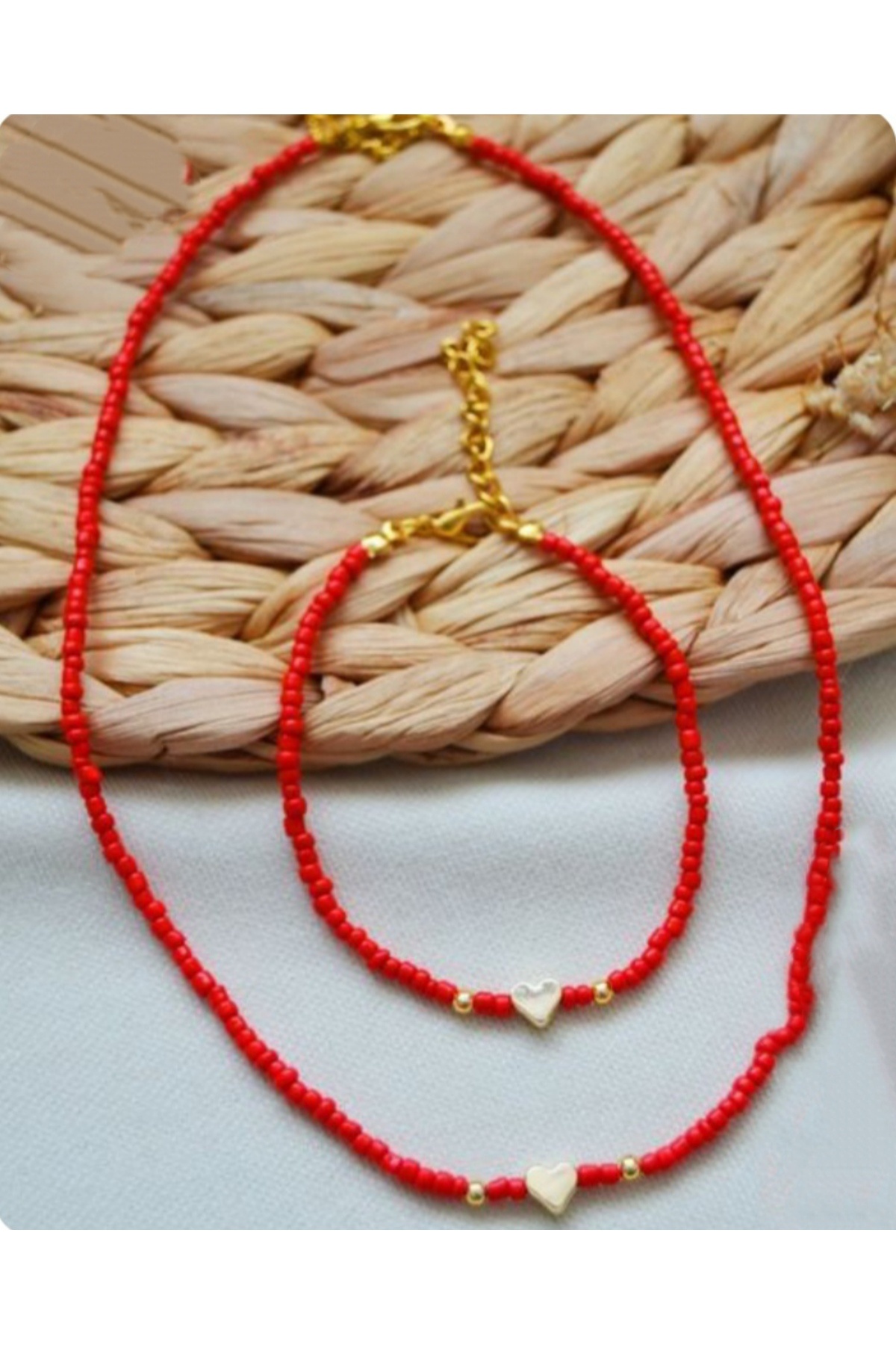 Duayen Design Gold Kalpli Kırmızı Boncuklu Kolye ve Bileklik