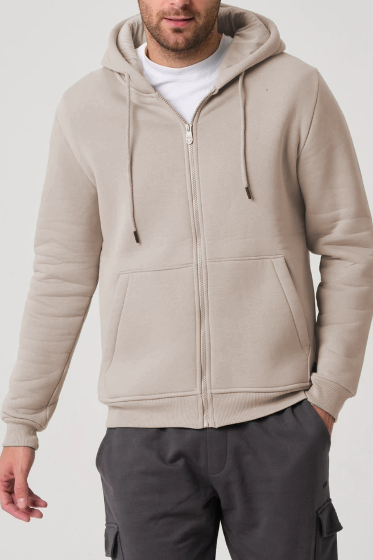 Bej Düz Unisex Oversize (3 IPLİK) Kalın Içi Polarlı Hırka — بژ MKHRKAKCP04 — تصویر 2 از 7