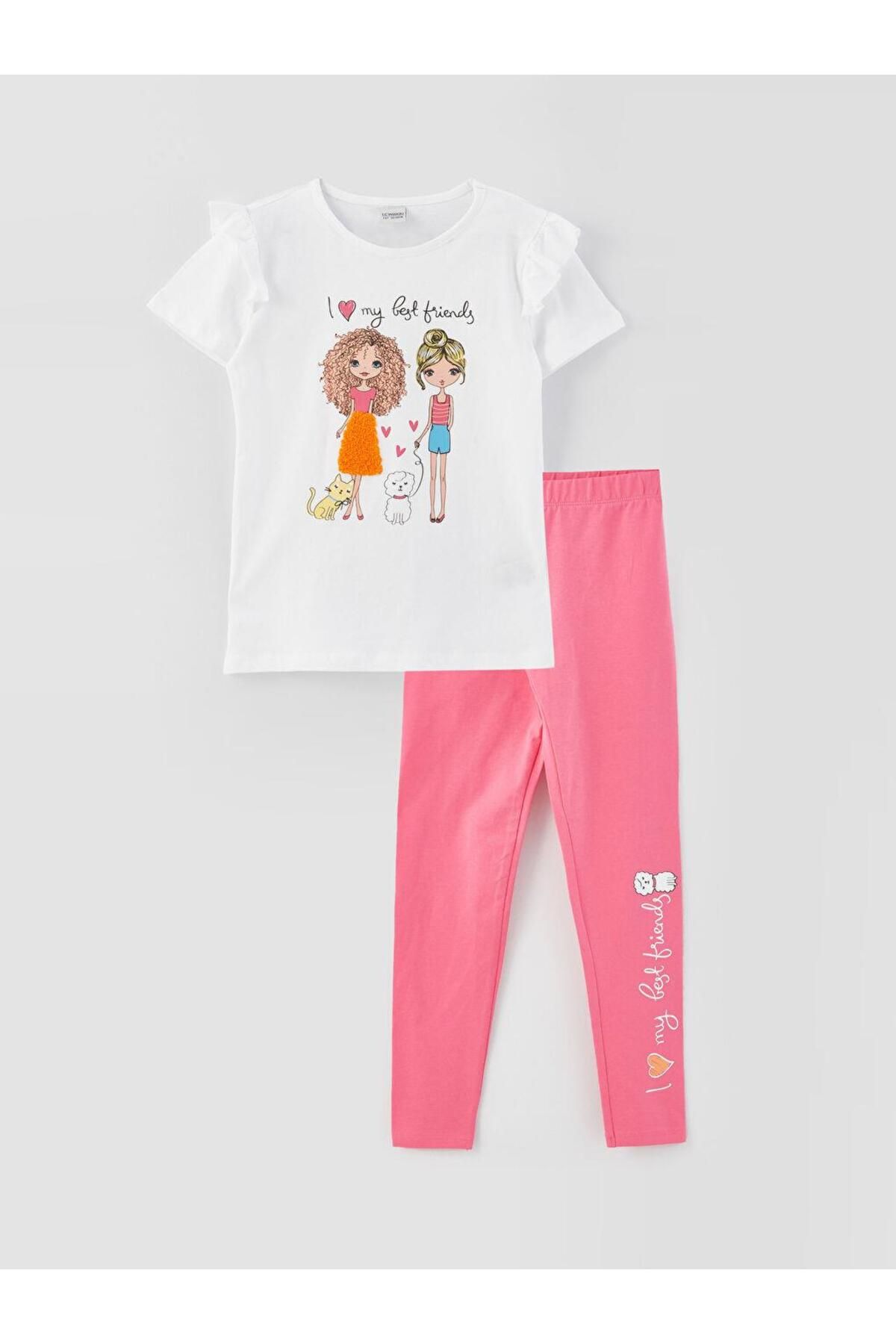 LC Waikiki-Crew Neck Printed Short Sleeve Girls' T-Shirt and Tights 1