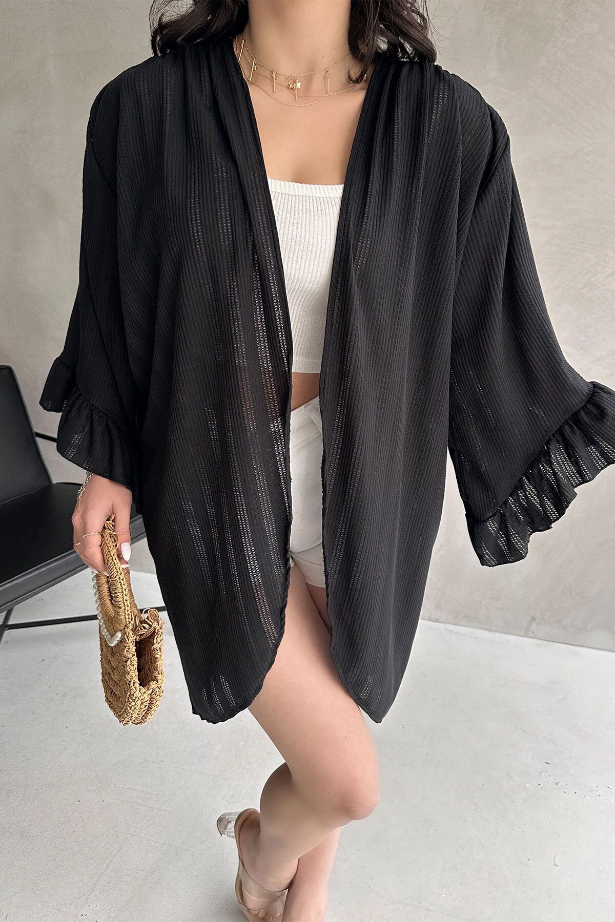 bacc-Black Flared Sleeves Mesh Cardigan Bcdf- 252171 3