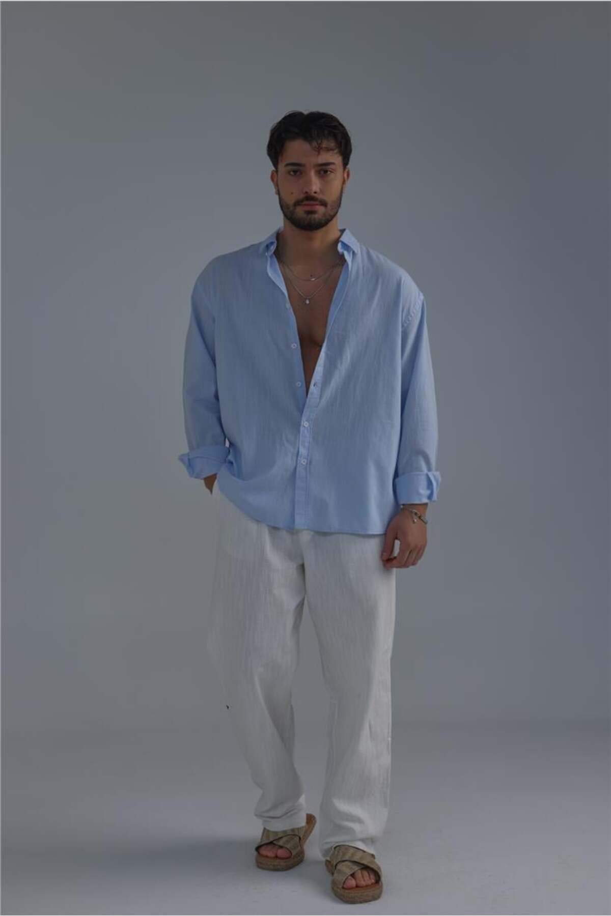 OUTFİT MAN-Men's Lapel Buttoned Linen Shirt Light Blue 1